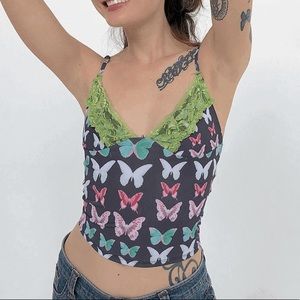 Omighty black green lace butterfly cami S NWOT
